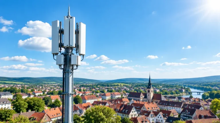 Mobilfunkmast mit Antennen vor blauem Himmel über einer Kleinstadt
