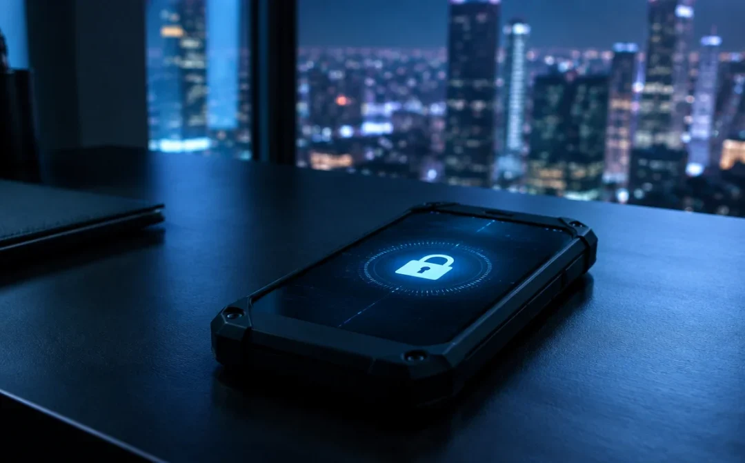 Abhörsicheres schwarzes Smartphone mit Schloss-Symbol auf dem Display