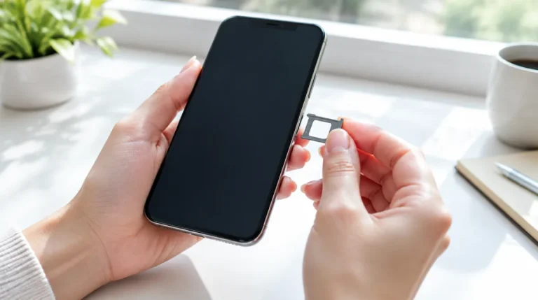 Hände halten ein Smartphone und ziehen den leeren SIM-Kartenschlitten heraus