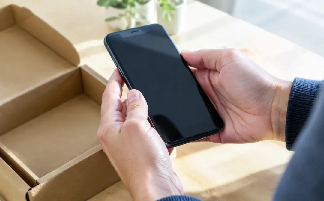 Hände prüfen ein gebrauchtes Smartphone neben einer geöffneten Versandschachtel