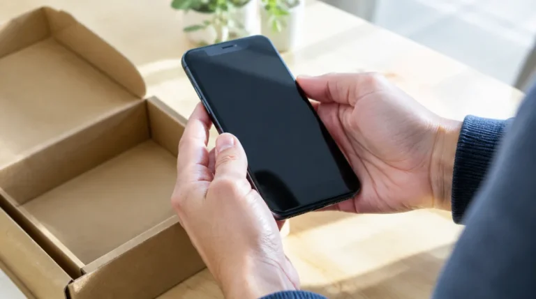 Hände prüfen ein gebrauchtes Smartphone neben einer geöffneten Versandschachtel