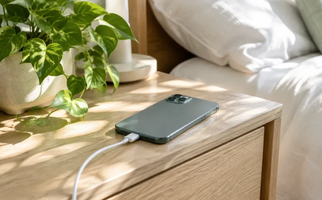 Smartphone liegt mit Ladekabel auf einem hellen Nachttisch neben einer Pflanze