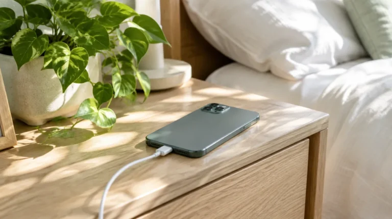 Smartphone liegt mit Ladekabel auf einem hellen Nachttisch neben einer Pflanze