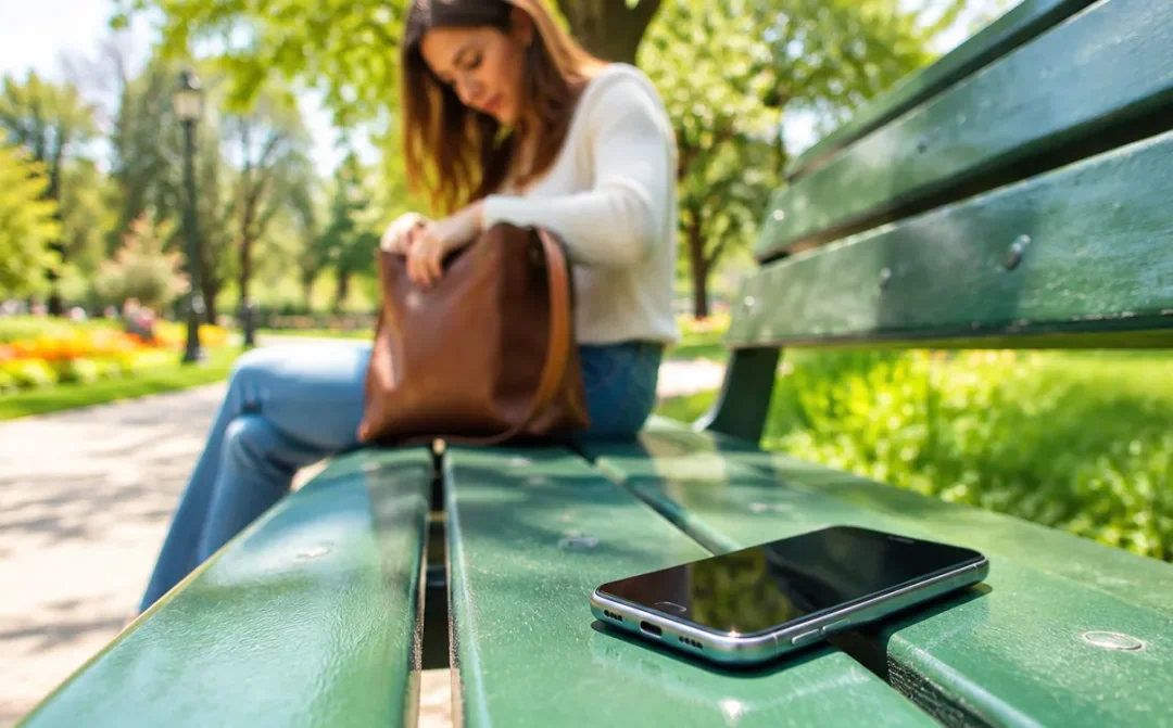Vergessenes Smartphone auf einer Parkbank, im Hintergrund sucht eine Frau in ihrer Tasche