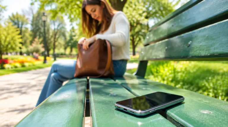 Vergessenes Smartphone auf einer Parkbank, im Hintergrund sucht eine Frau in ihrer Tasche