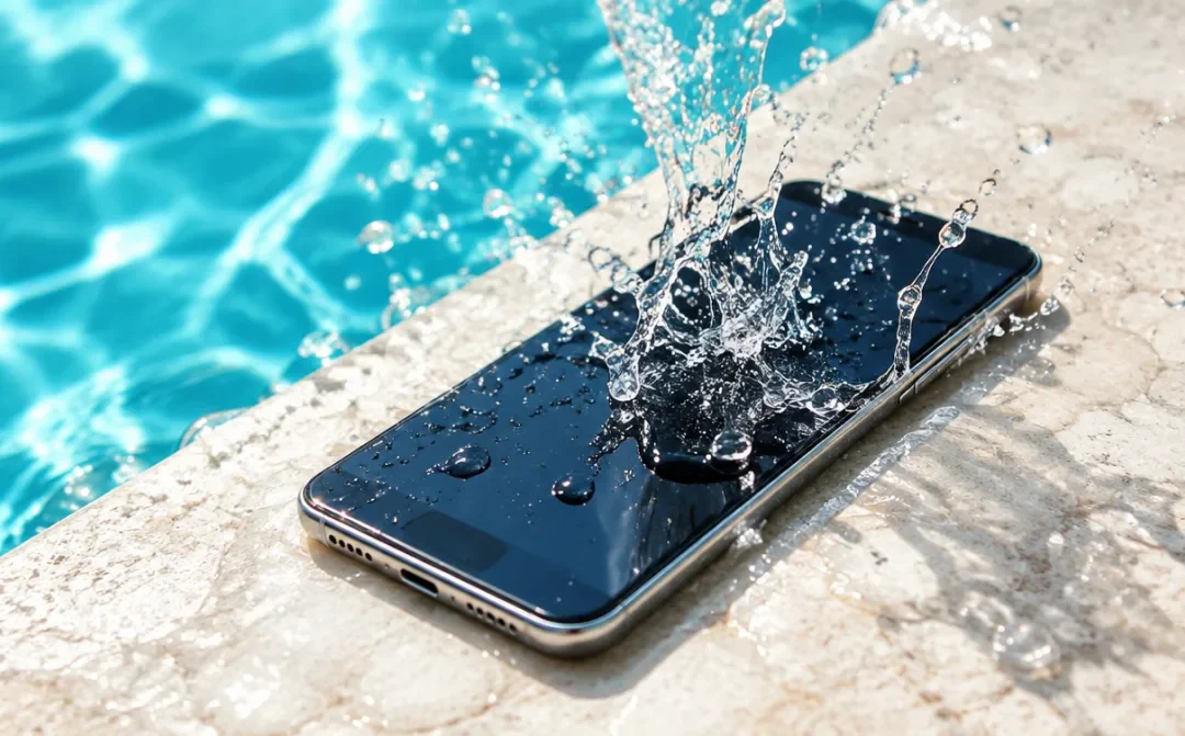 Wasser spritzt auf ein Smartphone am Rand eines Pools
