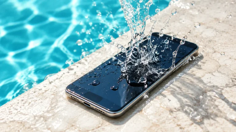 Wasser spritzt auf ein Smartphone am Rand eines Pools