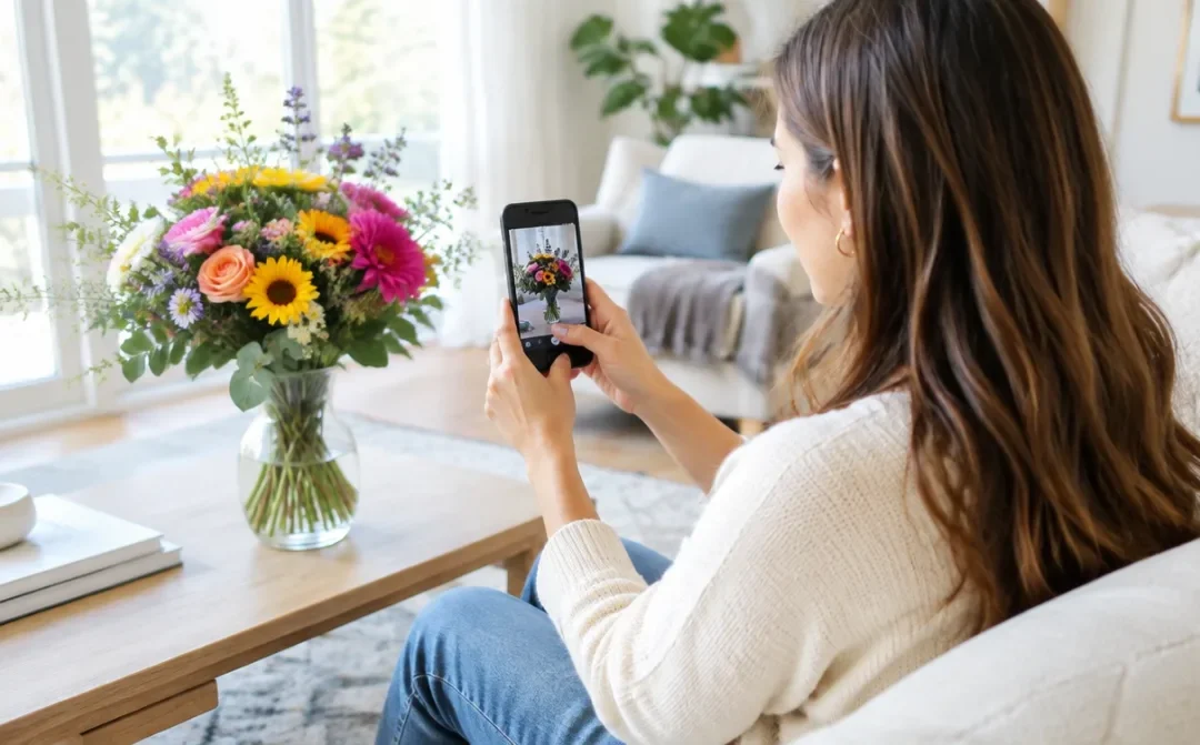 Frau fotografiert mit dem Smartphone einen Blumenstrauß im Wohnzimmer