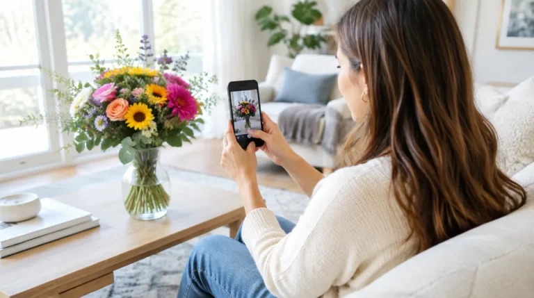 Frau fotografiert mit dem Smartphone einen Blumenstrauß im Wohnzimmer