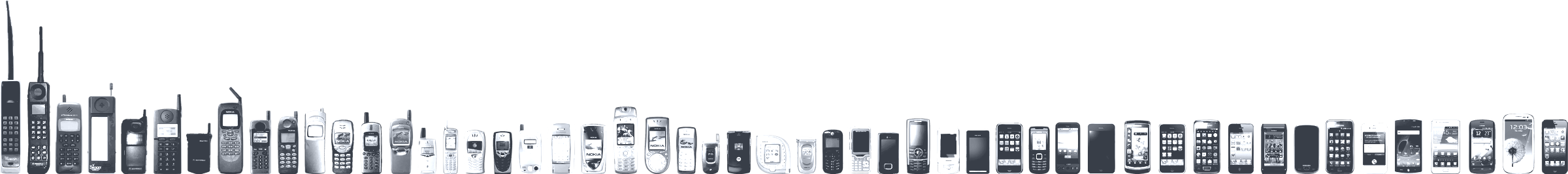 Mobiltelefone von 1973 bis 2012 in chronologischer Reihenfolge und im gleichen Maßstab