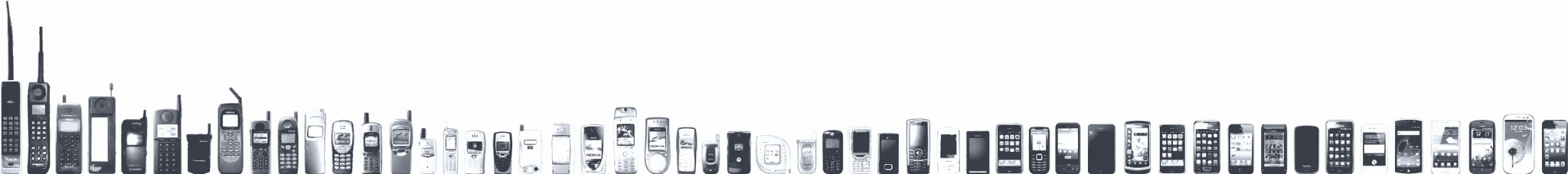 Mobiltelefone von 1973 bis 2012 in chronologischer Reihenfolge und im gleichen Maßstab