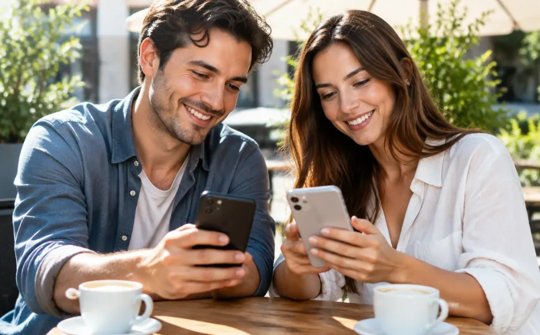 Paar vergleicht im Straßencafé zwei Smartphones