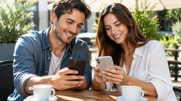 Paar vergleicht im Straßencafé zwei Smartphones