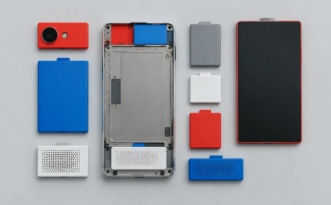 Modulares Smartphone mit Rahmen und austauschbaren Modulen für Kamera, Akku und Lautsprecher