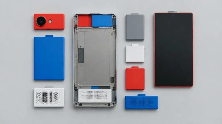 Modulares Smartphone mit Rahmen und austauschbaren Modulen für Kamera, Akku und Lautsprecher