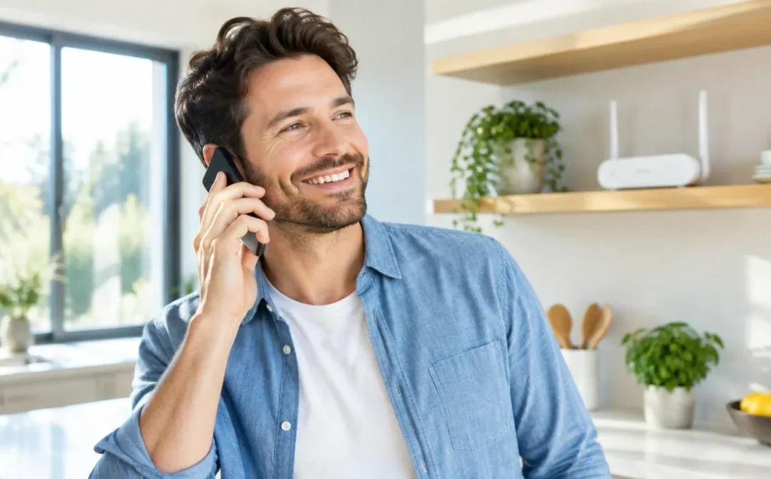 Mann telefoniert mit dem Smartphone in der Küche, im Regal steht ein WLAN-Router