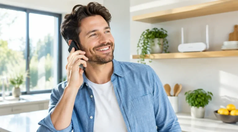 Mann telefoniert mit dem Smartphone in der Küche, im Regal steht ein WLAN-Router