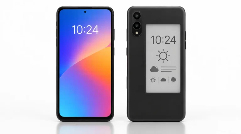 Smartphone mit Farbdisplay vorne und E-Ink-Display auf der Rückseite